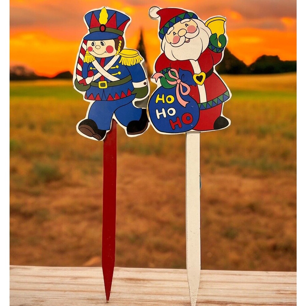 Christmas Yard Decorations Wooden Stakes Vintage‎ Santa And Nutcracker Soldier